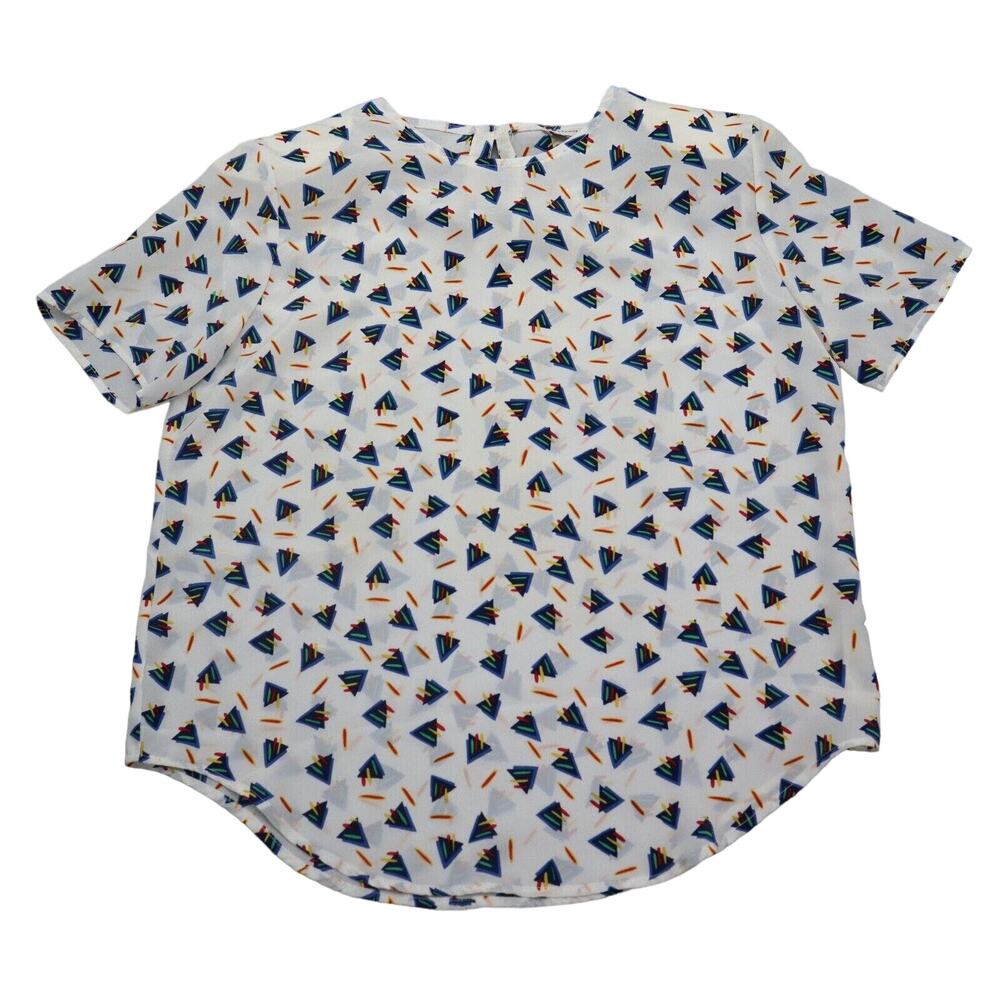 Courtney Rhodes Shirt Womens 12 White Geometric Short Sleeve Shoulder Pads Top